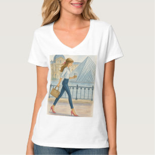 Camiseta Moda Chica de París por el Louvre