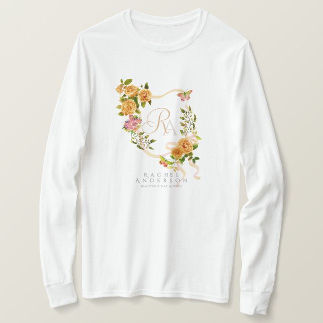 Camiseta Moda de cinta Rosa dorada Monograma blanco (Anverso del diseño)