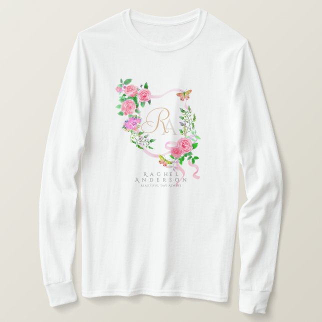 Camiseta Moda de cinta rosa rosa monograma blanco (Anverso del diseño)