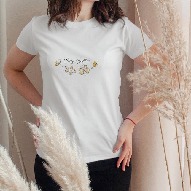 Camiseta Moda Dorada Botánica Floral Feliz Navidad (Subido por el creador)