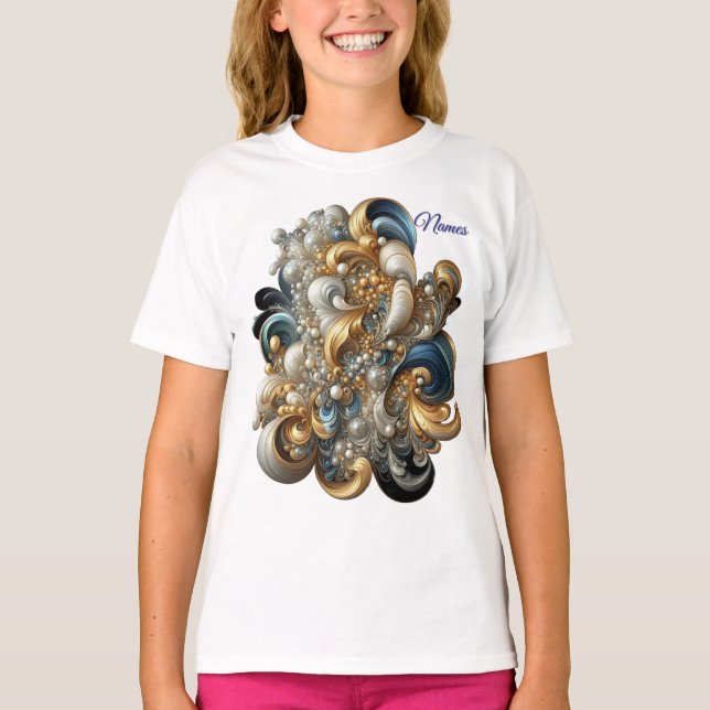 Camiseta Moda Elegante Swirls en oro, plata, azul, amarillo (Anverso)