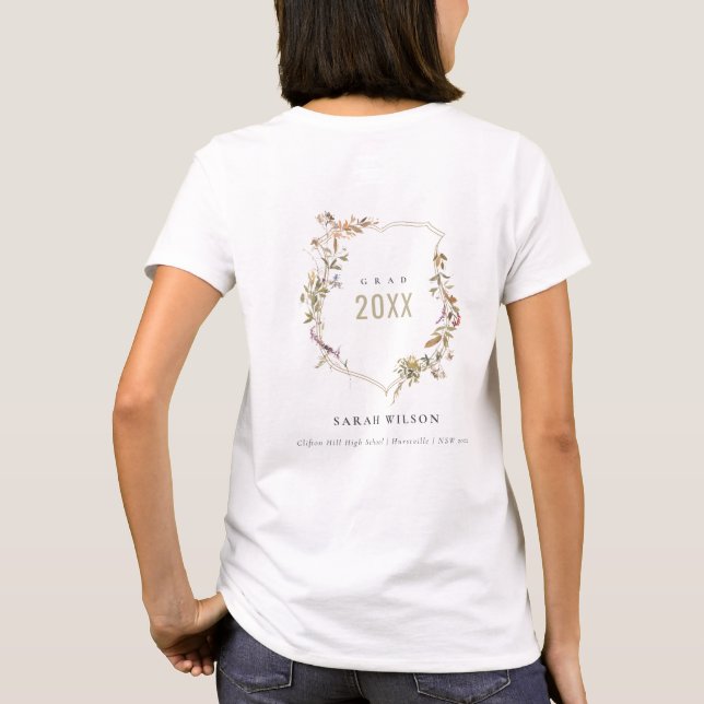 Camiseta Moda Graduación de Escudo de Flor Silvestre Rubor  (Reverso)
