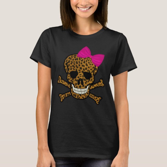 Camiseta Moda Leopard Print Pirate Skull Pink Bow (Anverso)
