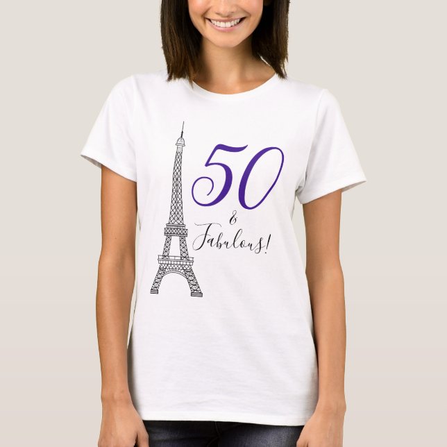 Camiseta Moda Púrpura 50 y fabulosa Torre Eiffel de París (Anverso)