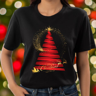Camiseta Moda Red Christmas Tree Gold Santa y Reindeer