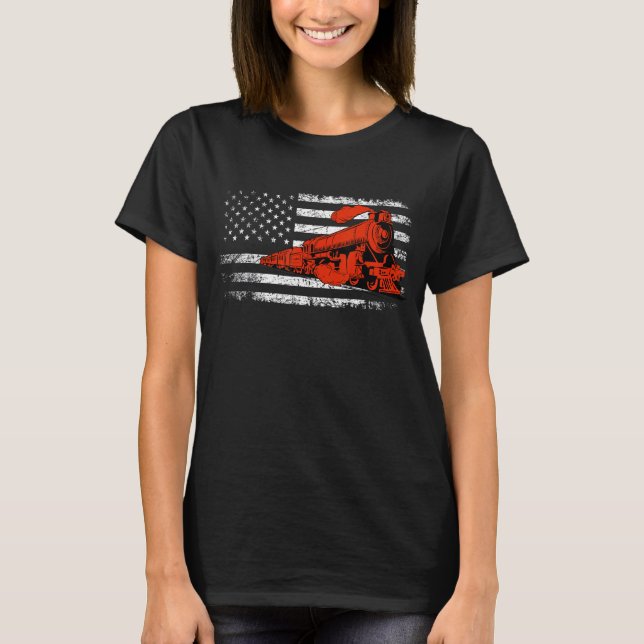 Camiseta Model Railroad Railway Locomotive Train US Flag Ra (Anverso)