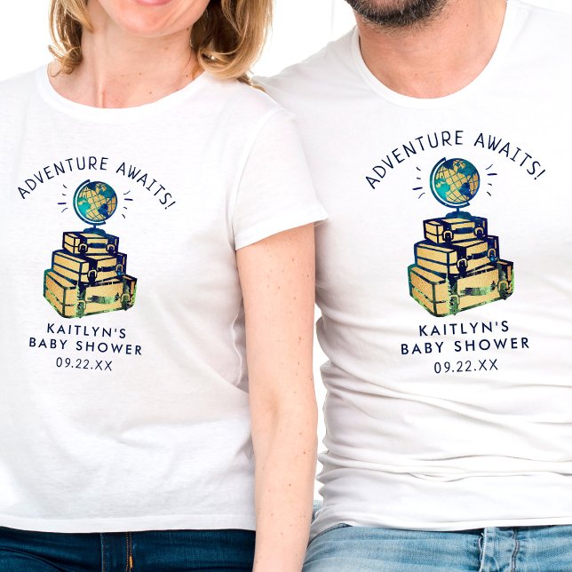 Camiseta Modern Adventure Travel Globe Baby Shower (Subido por el creador)