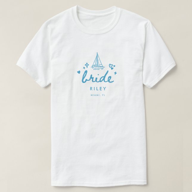 Camiseta Modern Blue Bride's Name Script Lake Bachelorette (Diseño del anverso)