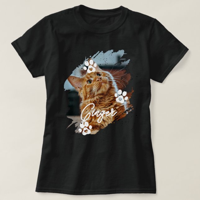 Camiseta Modern Brushstroke Pet Cat Photo & Name (Diseño del anverso)