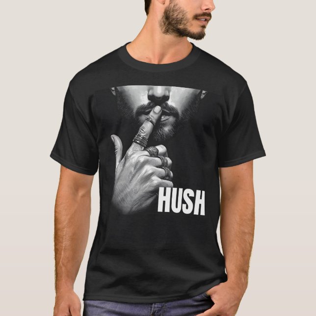 Camiseta Modern Man Shushing Gesture HUSH Graphic (Anverso)