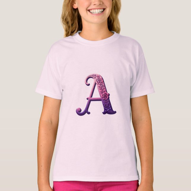 Camiseta Modern Metallic Rosemaling Letter A, Pink/Purple (Anverso)