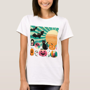 Camiseta Modern Retro Wave Halloween Collage Black Cat Bats