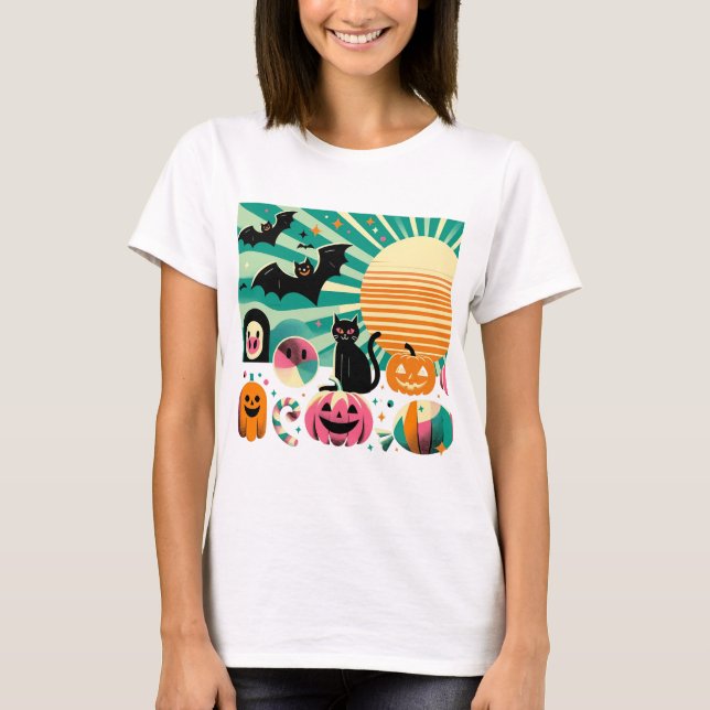 Camiseta Modern Retro Wave Halloween Collage Black Cat Bats (Anverso)