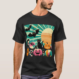 Camiseta Modern Retro Wave Halloween Collage Black Cat Bats