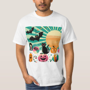 Camiseta Modern Retro Wave Halloween Collage Black Cat Bats