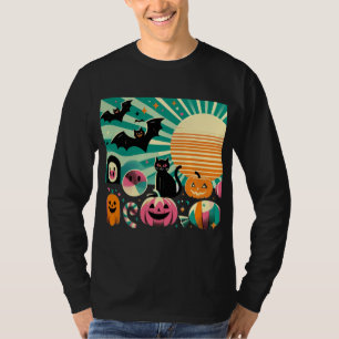 Camiseta Modern Retro Wave Halloween Collage Black Cat Bats