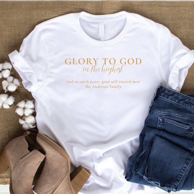 Camiseta Moderna religión cristiana basada en oro blanco (Christianfaith-based t-shirt with Bible verse Luke 2:14 "Glory to God in the Highest")