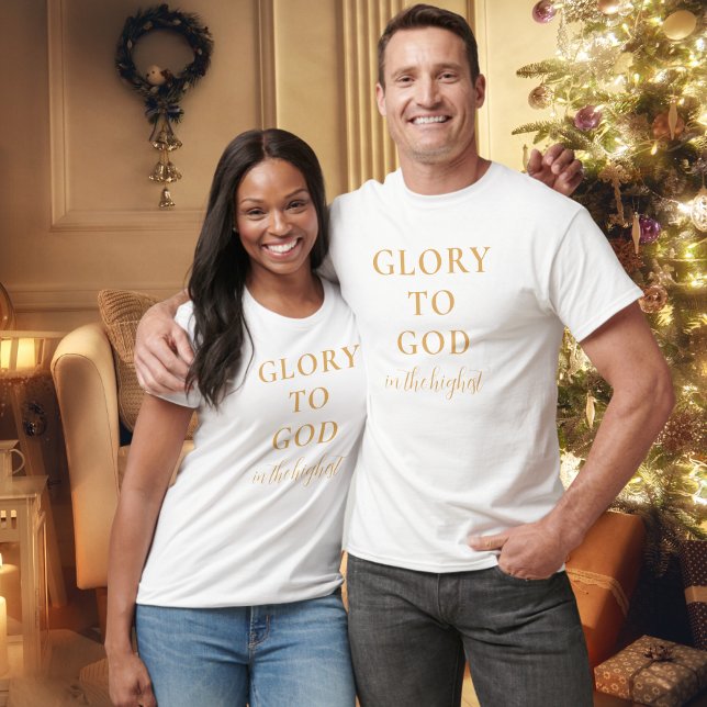 Camiseta Moderna religión cristiana basada en oro blanco (Modern, faith-based, Christian t-shirt with Glory to God Bible verse in gold and white.)