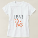 Camiseta Moderno Naranja elegante 50 Fabuloso cumpleaños<br><div class="desc">Camiseta de 50 años moderna y elegante, casual, con el texto cincuenta y fabuloso en un guión elegante y naranja brillante. Simplemente agrega tu nombre a esta camiseta de celebración de 50 años. Perfecto regalo de cumpleaños para un niño de 50 años moderno, elegante y con estilo. Diseñado exclusivamente para...</div>