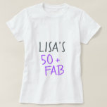 Camiseta Moderno Purple Purple 50 Fabuloso Cumpleaños<br><div class="desc">Camiseta de 50 años moderna y elegante, casual, con el texto cincuenta y fabuloso en un guión elegante y violeta brillante. Simplemente agrega tu nombre a esta camiseta de celebración de 50 años. Perfecto regalo de cumpleaños para un niño de 50 años moderno, elegante y con estilo. Diseñado exclusivamente para...</div>