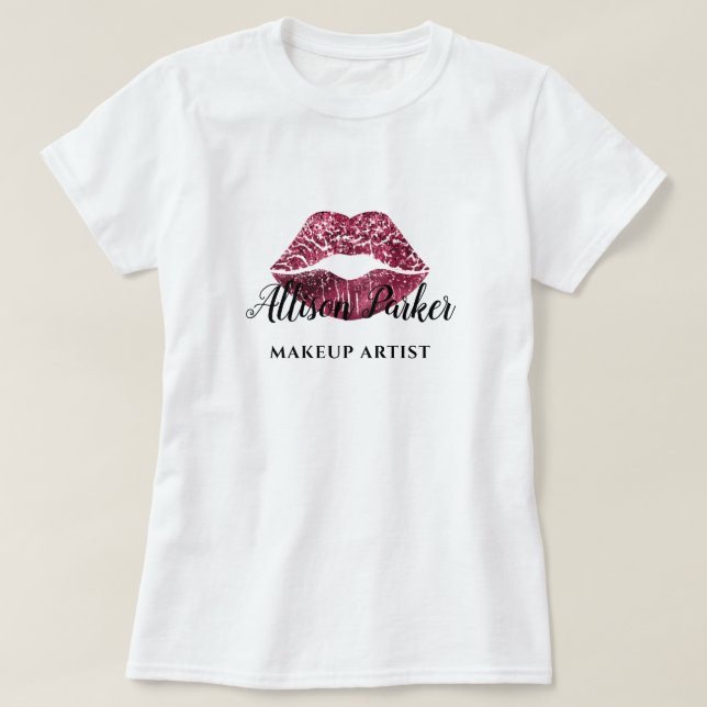 Camiseta Moderno Purpurina Rojo besó a artista de maquillaj (Diseño del anverso)