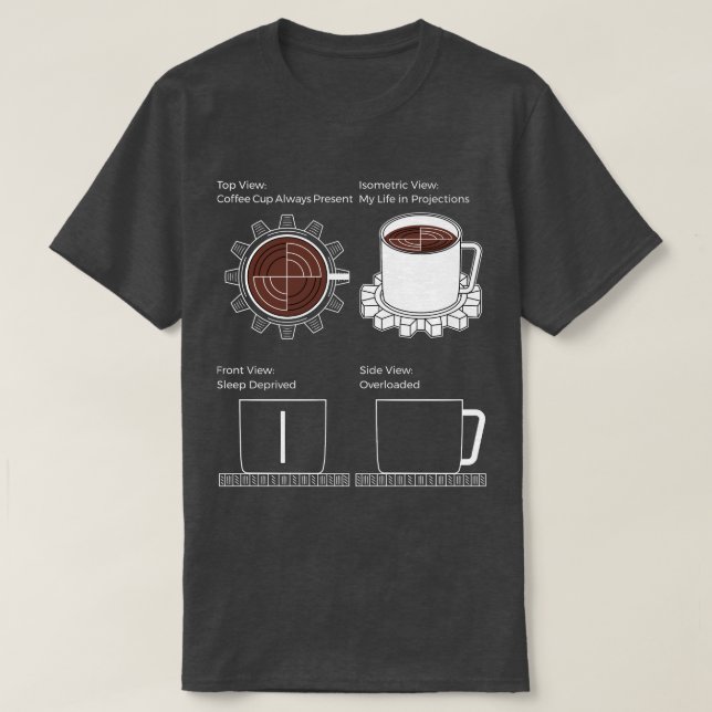 Camiseta Modo CAD: Café, engranajes y caos (Diseño del anverso)
