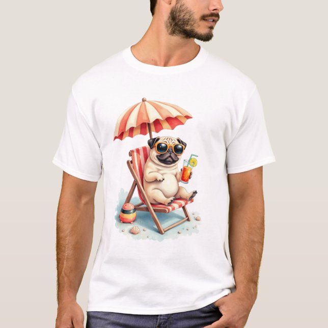 Camiseta Modo Playa Pug Diseño de Verano (Anverso)