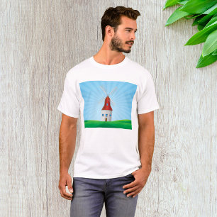 Camiseta Molino de viento rojo en colinas verdes cielo azul