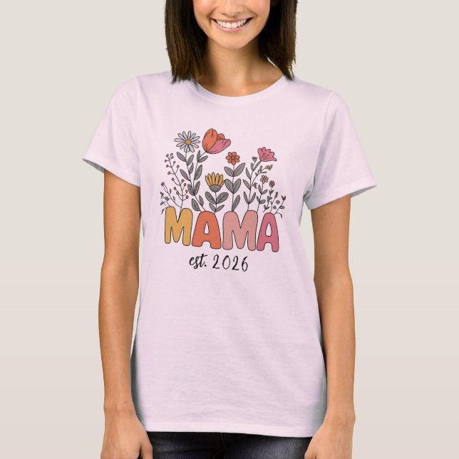 Camiseta Mom Mama Est 2026 Pregnancy Floral Personalized (Anverso)
