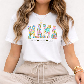 Camiseta Mom Mama Floral  With Kids Names Mother's Day