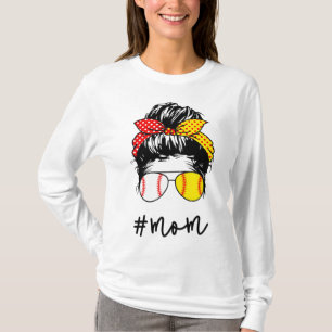 Camiseta Mom Messy Bun Aviator Glasses Baseball Softball Li