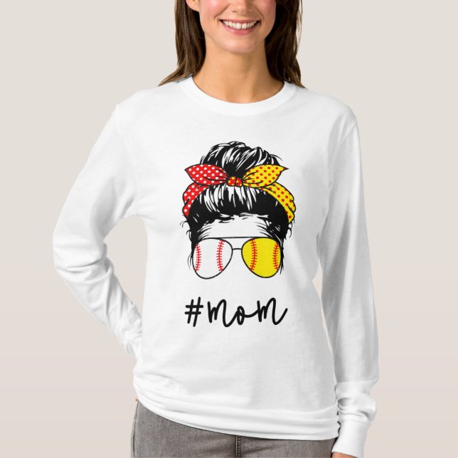 Camiseta Mom Messy Bun Aviator Glasses Baseball Softball Li (Anverso)