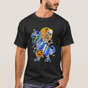 Camiseta Momia de esqueleto montando Dinosaurio rex Calabaz