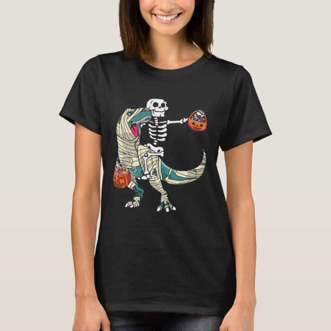 Camiseta Momia de esqueleto montando dinosaurio T Rex Hallo (Anverso)