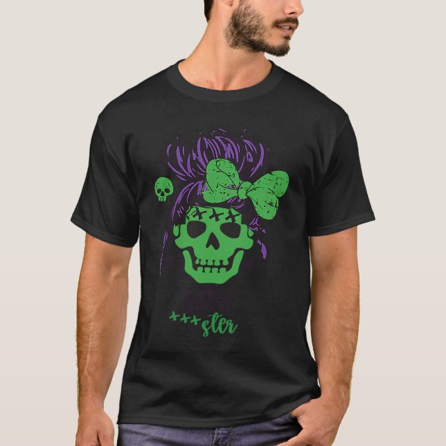 Camiseta Momster Halloween Costume Skull Mum Messy Hair (Anverso)