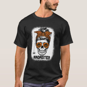 Camiseta Momster Salty Skull Mom Messy Bun Leopard Hallowee