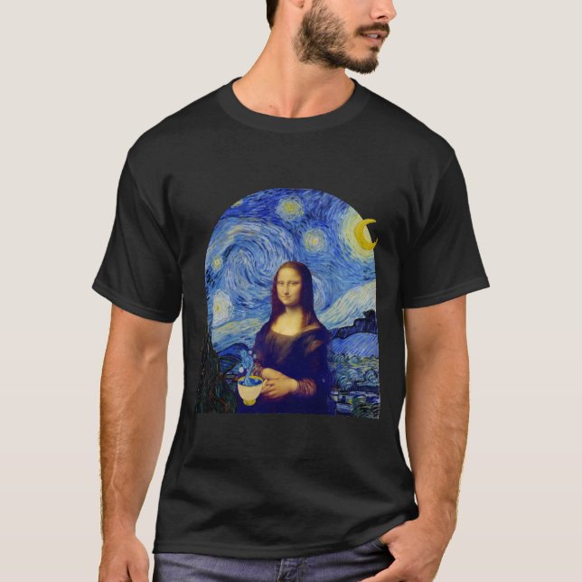 Camiseta Mona Lisa con café en la noche estrellada, (Anverso)