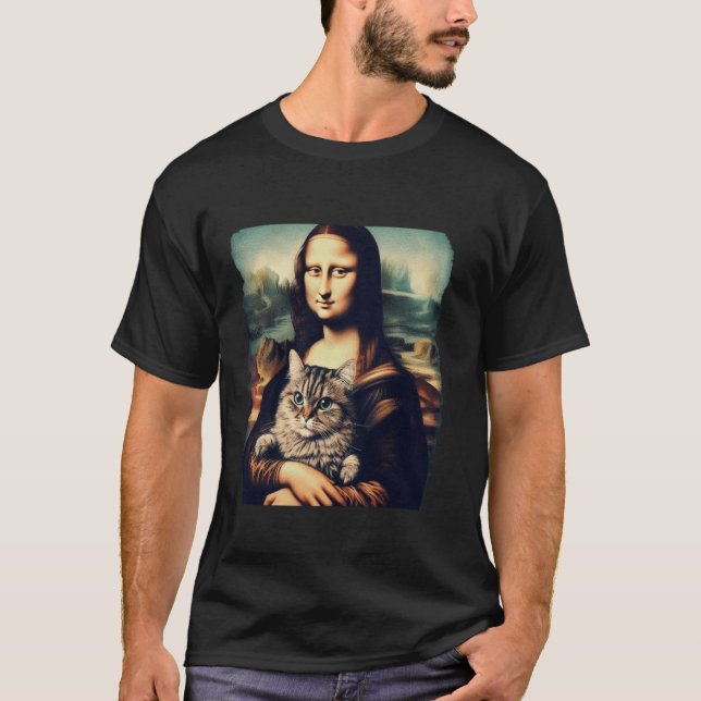 Camiseta mona lisa holding cat kitty for cats lover cat dad (Anverso)