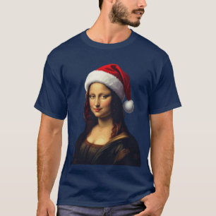 Camiseta Mona Lisa Sombrero de Santa Navidad Fiesta Recorte