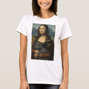 Camiseta Mona Lisa sosteniendo un elegante gato gris