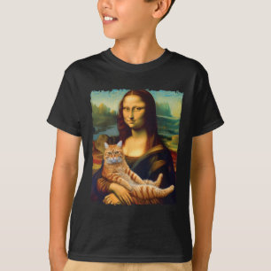 Camiseta Mona Lisa sosteniendo un retrato de gato pintando