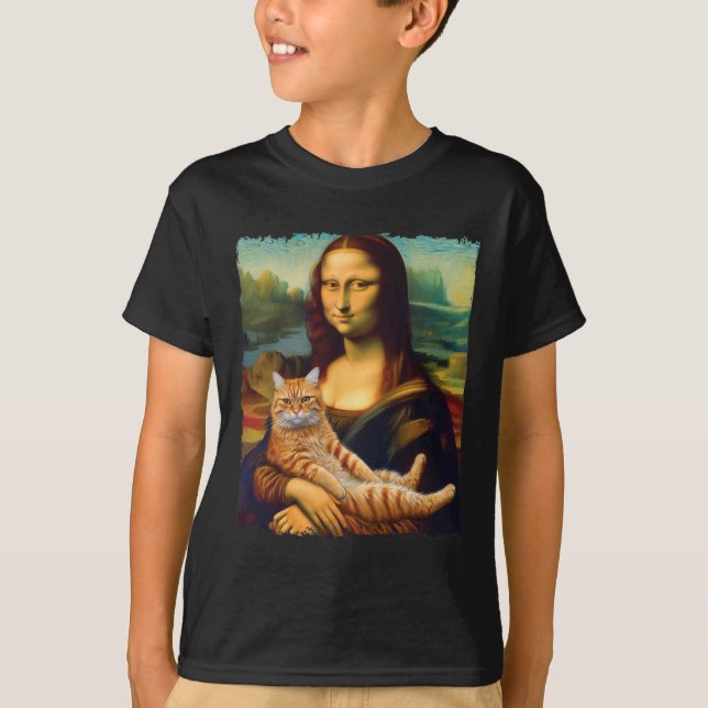 Camiseta Mona Lisa sosteniendo un retrato de gato pintando  (Anverso)