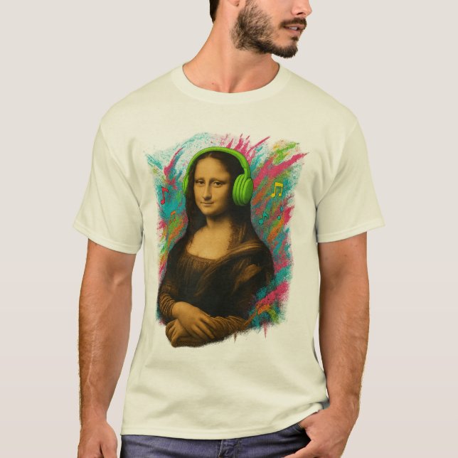 Camiseta Mona Lisa with Headphones – Neon Graffiti Style on (Anverso)