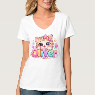 Camiseta Mona Oliver Gato Kawaii Nombre Rosa Pastel Brillan