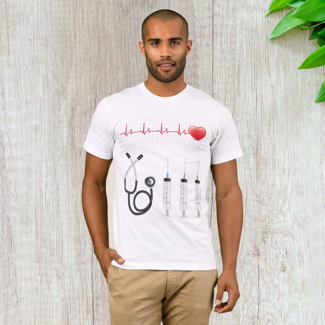 Camiseta Monitor de ECG cardíaco con estetoscopio y jeringa (Subido por el creador)