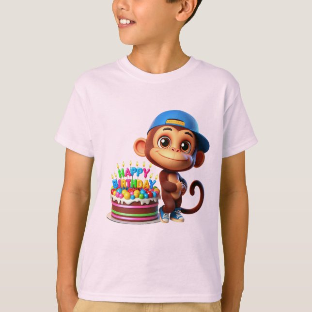 Camiseta  Monkey in a Baseball Cap with a Cake, Happy Birth (Anverso)