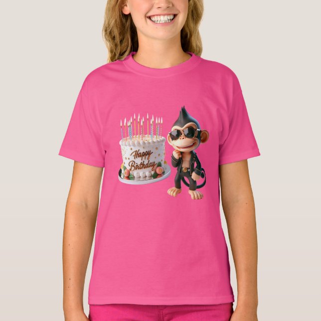 Camiseta  Monkey in Dark Glasses with a Big Cake, Happy Bir (Anverso)
