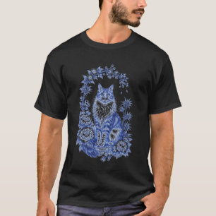 Camiseta Mono Azul Chinoiserie Gato Diseño Floral Cottage C