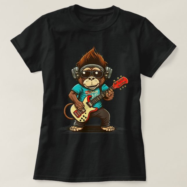 Camiseta Mono Chimpancé Tocando Guitarra De Rock Acústica (Diseño del anverso)