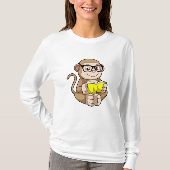 Camiseta Mono como estudiante con anteojos y libro (Anverso)